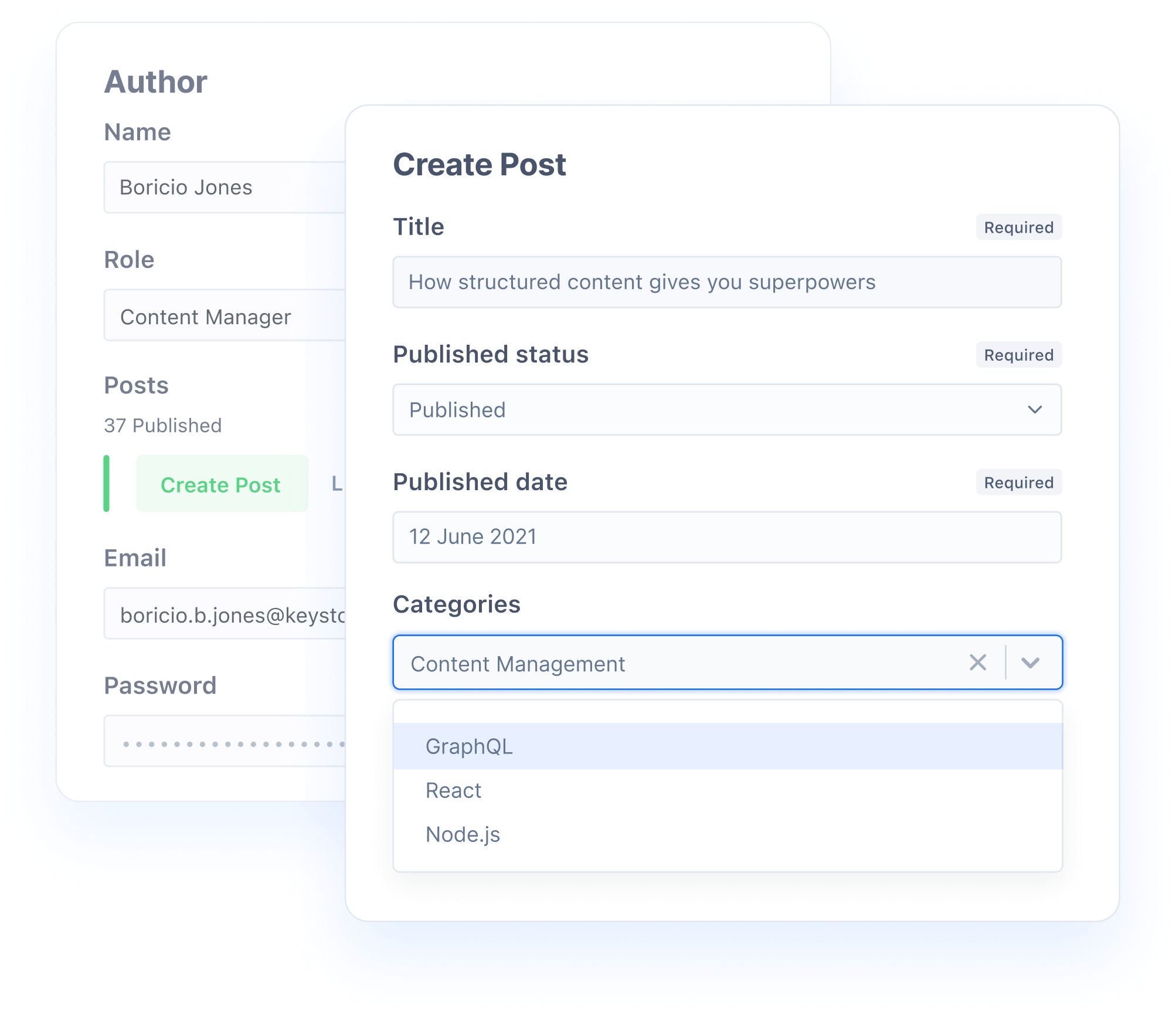 2 Admin UI panes showing creation of relationships in place. Author window opens up a Create Post window where Post categories can be selected.